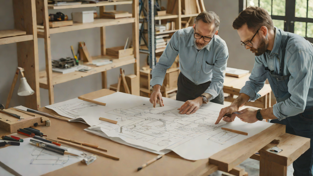 Architect reviewing furniture plans with FCI India craftsman