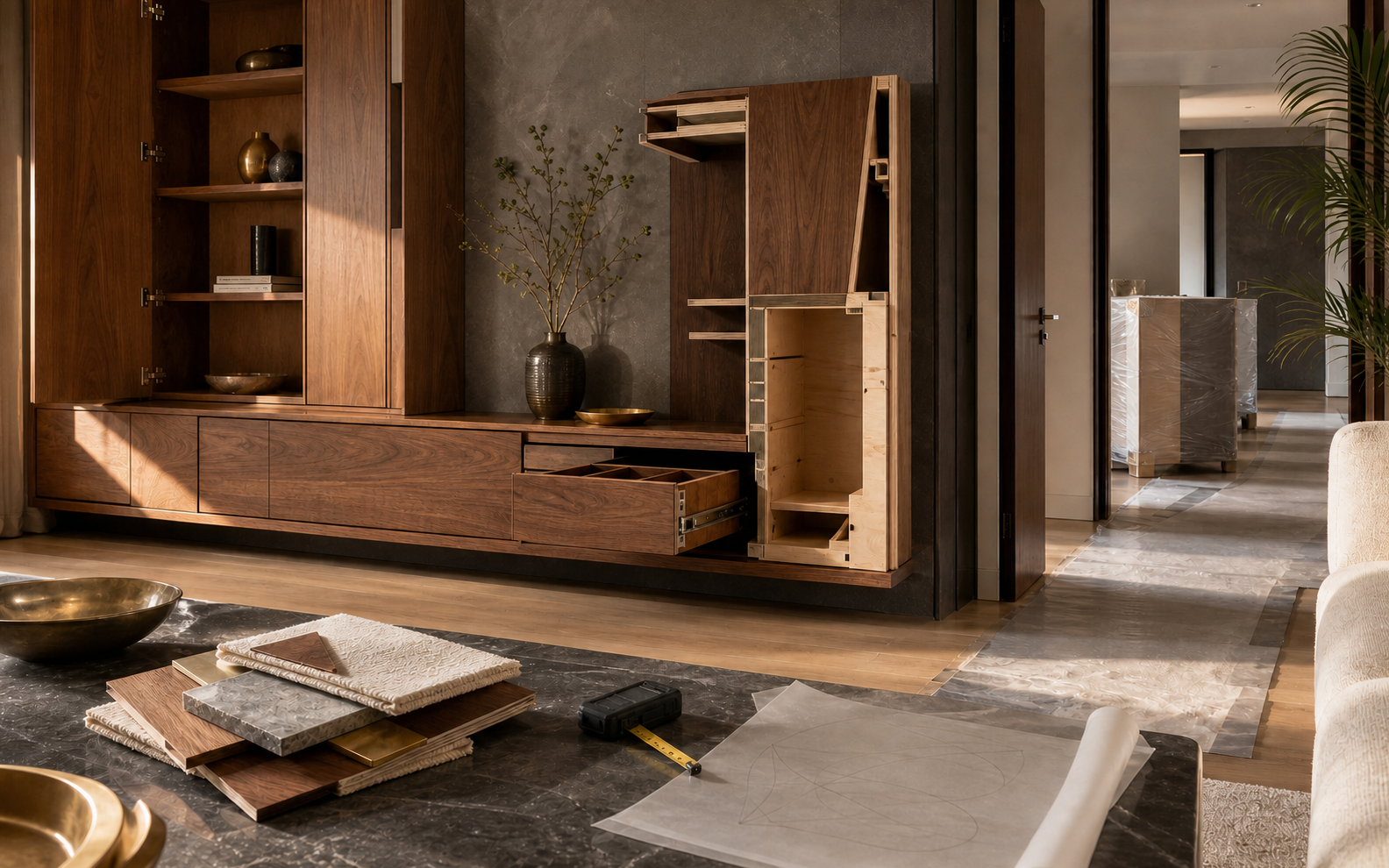 Custom Mumbai cabinet shown as a coordinated brief, sample, drawing and installation project