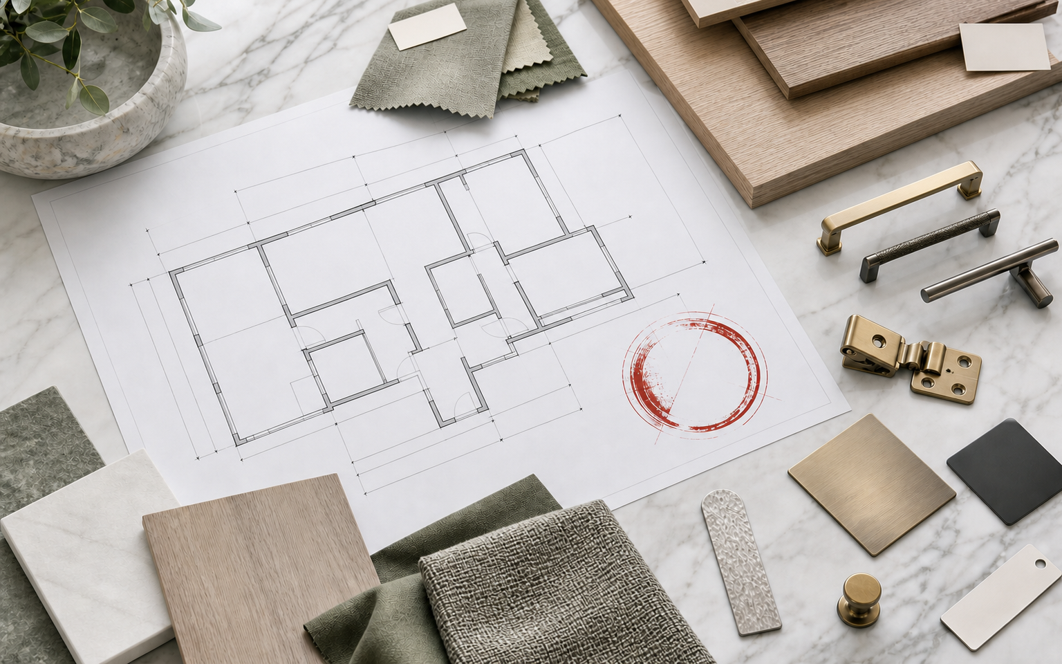 Dimensioned furniture drawings beside labelled wood, fabric and hardware samples