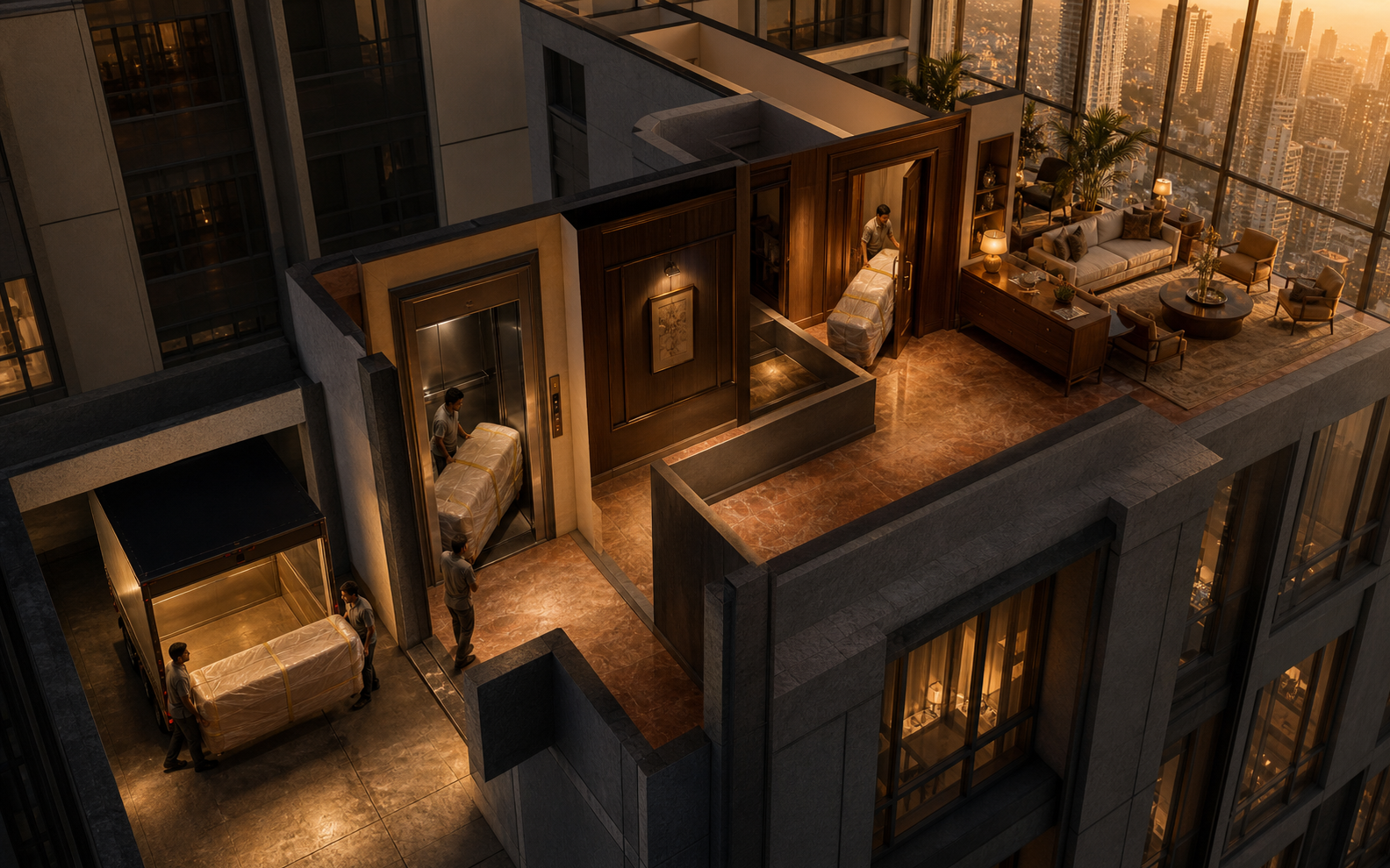 Measured delivery route for custom furniture through a Mumbai apartment building