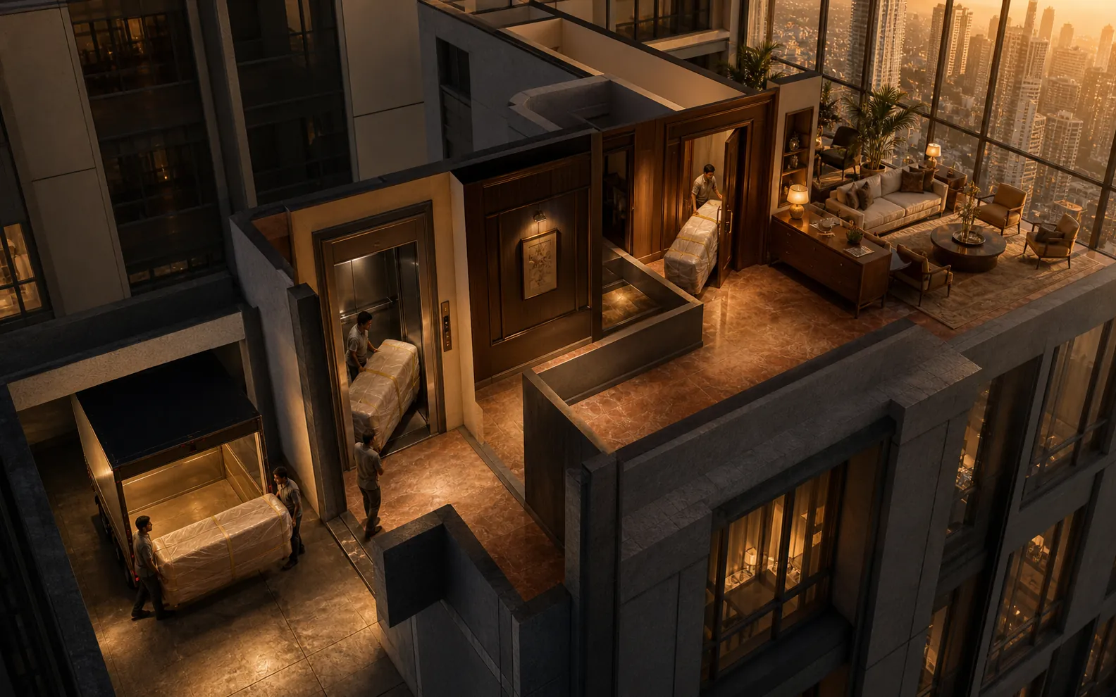 Measured delivery route for custom furniture through a Mumbai apartment building