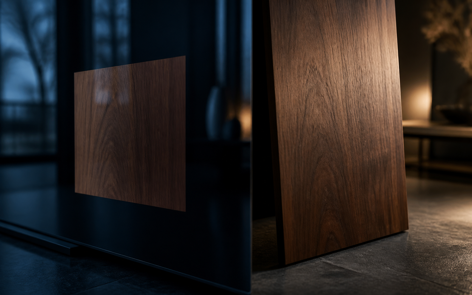 Walnut finish sample changing appearance between screen, daylight and warm interior light