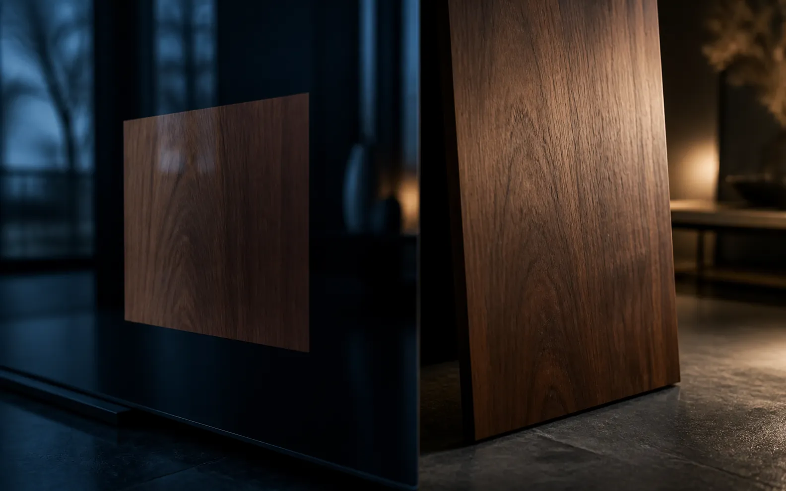 Walnut finish sample changing appearance between screen, daylight and warm interior light