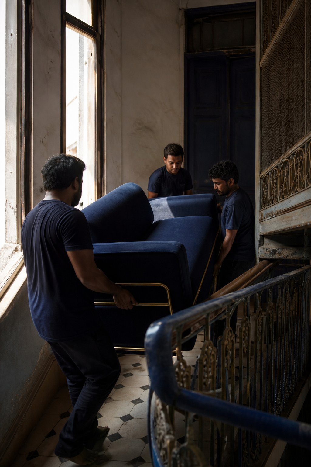 Furniture team carrying a modular sofa section through a Mumbai heritage stair landing