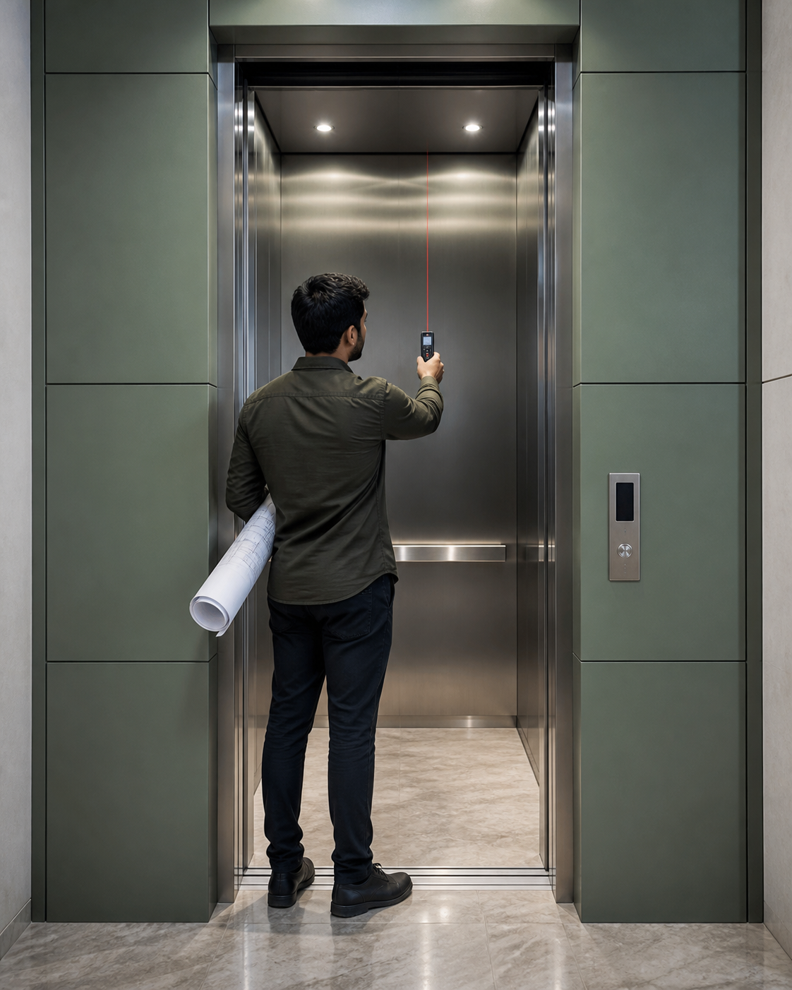 Architect measuring the clear dimensions of a compact Mumbai apartment lift