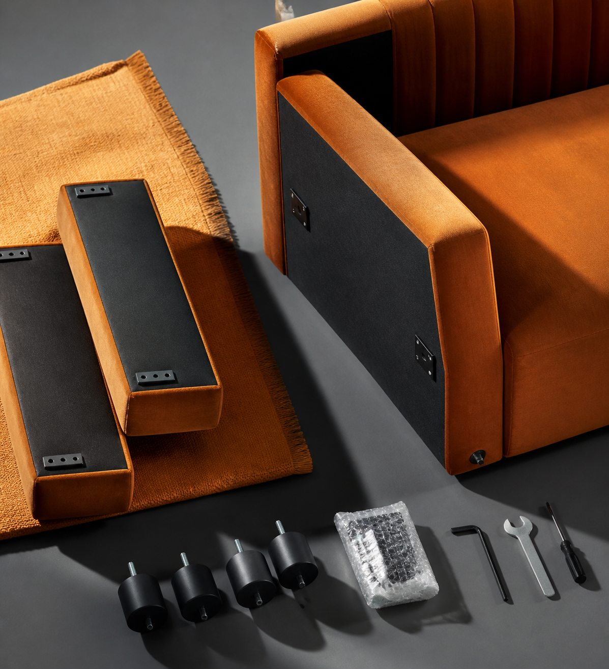 Detachable sofa components and installation hardware arranged for access planning