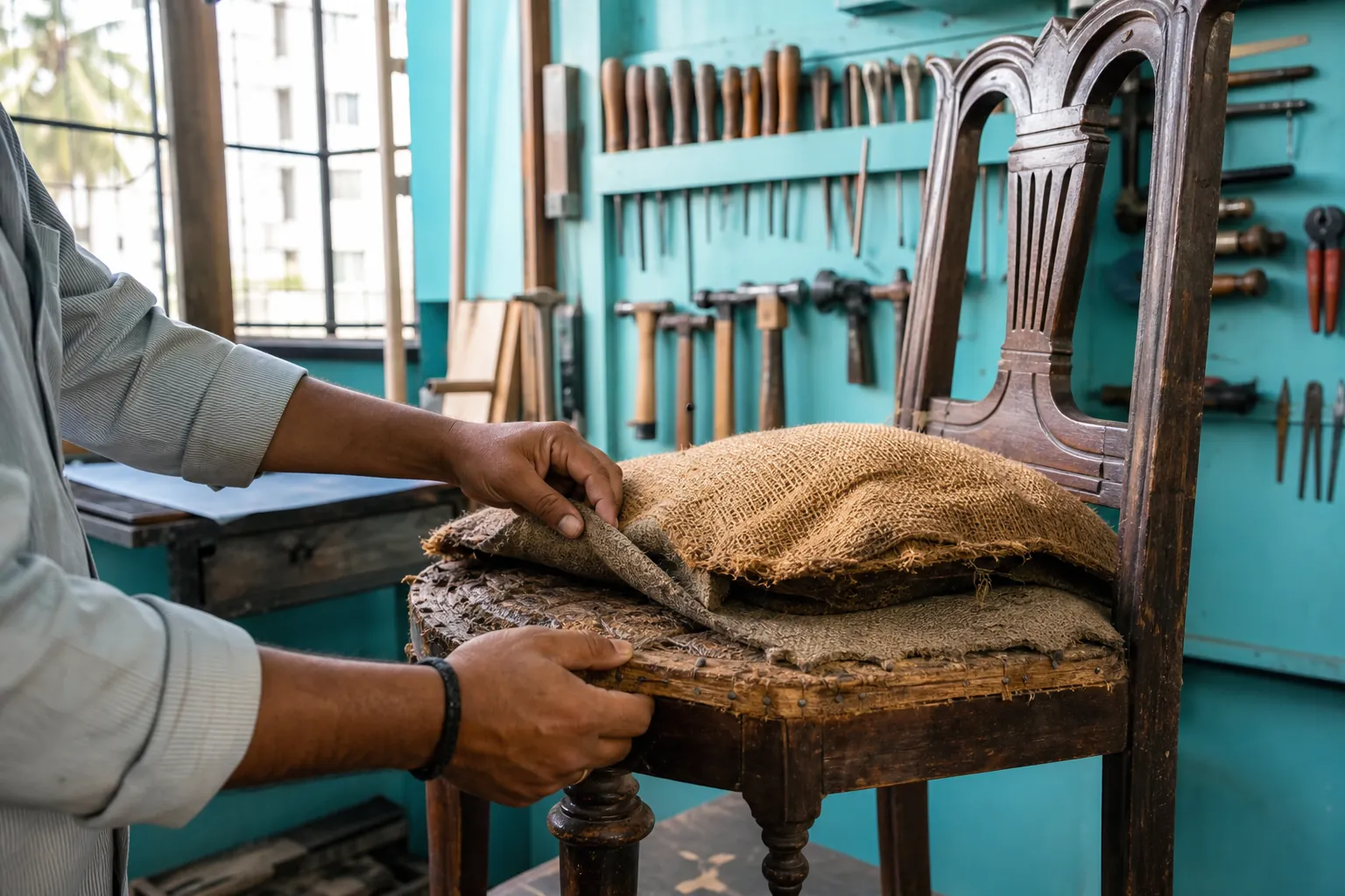 Craftsperson carefully removing upholstery from an antique chair