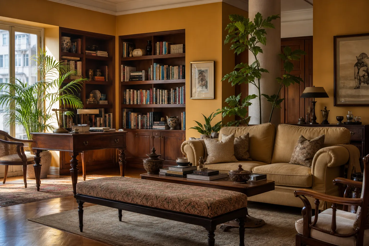 Restored rosewood desk in a contemporary South Mumbai library