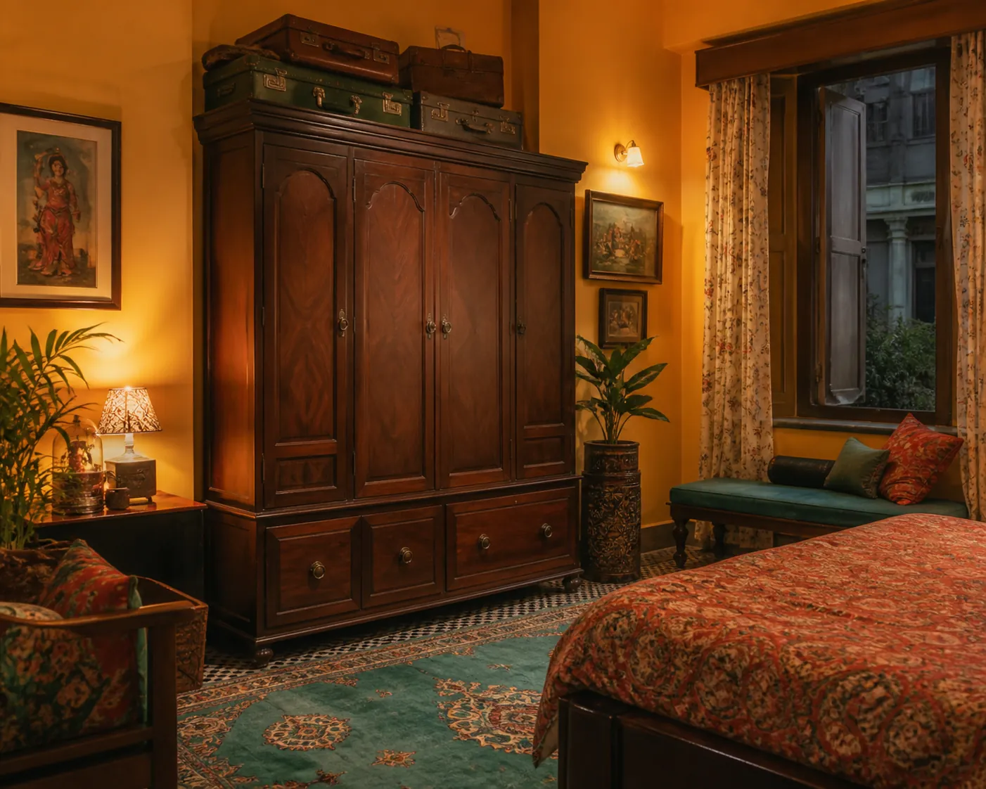 Freestanding vintage wardrobe in a colourful adaptable Mumbai bedroom
