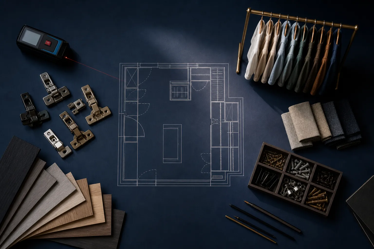 Overhead wardrobe design table with measurement tools and hardware samples
