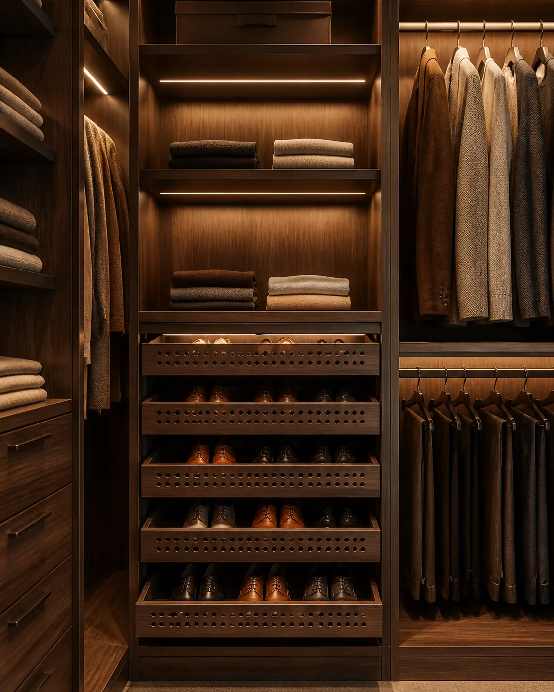 Warm illuminated interior of a fitted wardrobe with organised storage