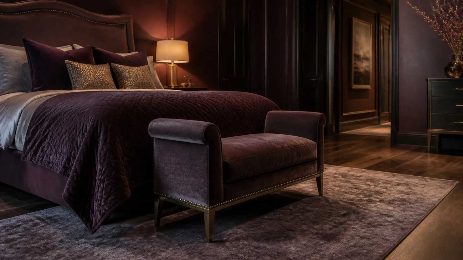 Elegant bedroom with accessible-height bed, supportive bench and clear route