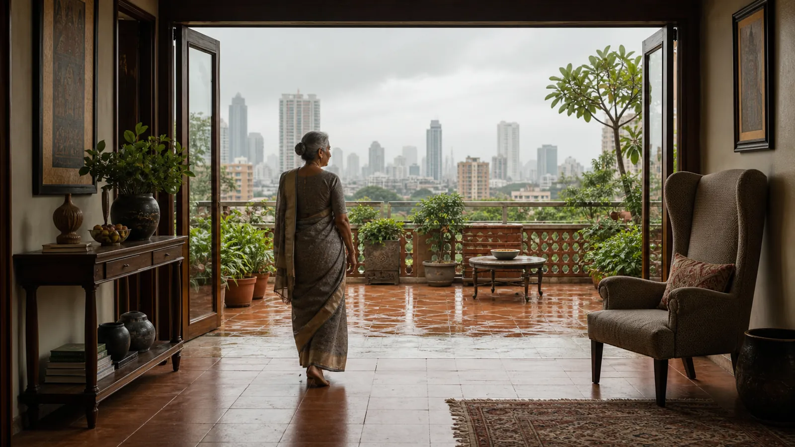Older woman walking through a clear route in a monsoon-lit Mumbai apartment