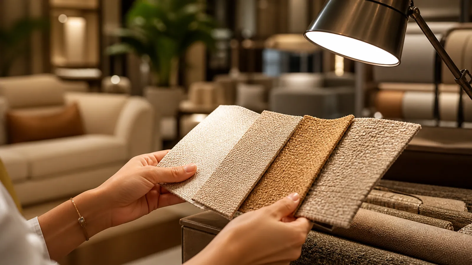 Designer comparing upholstery swatches under a showroom task light