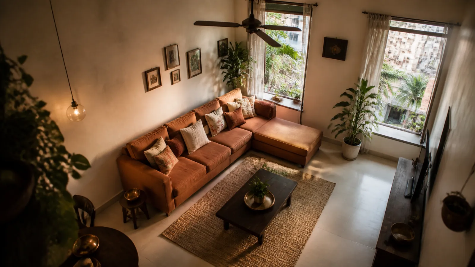 Rust modular sofa positioned for ventilation in a golden Mumbai lounge
