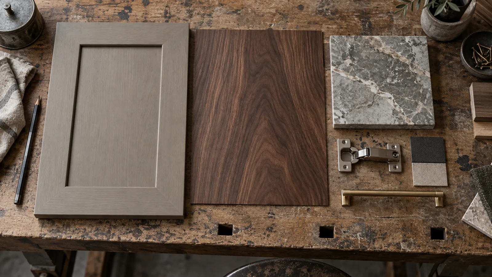 Cabinet finish samples and hardware arranged on a workshop bench