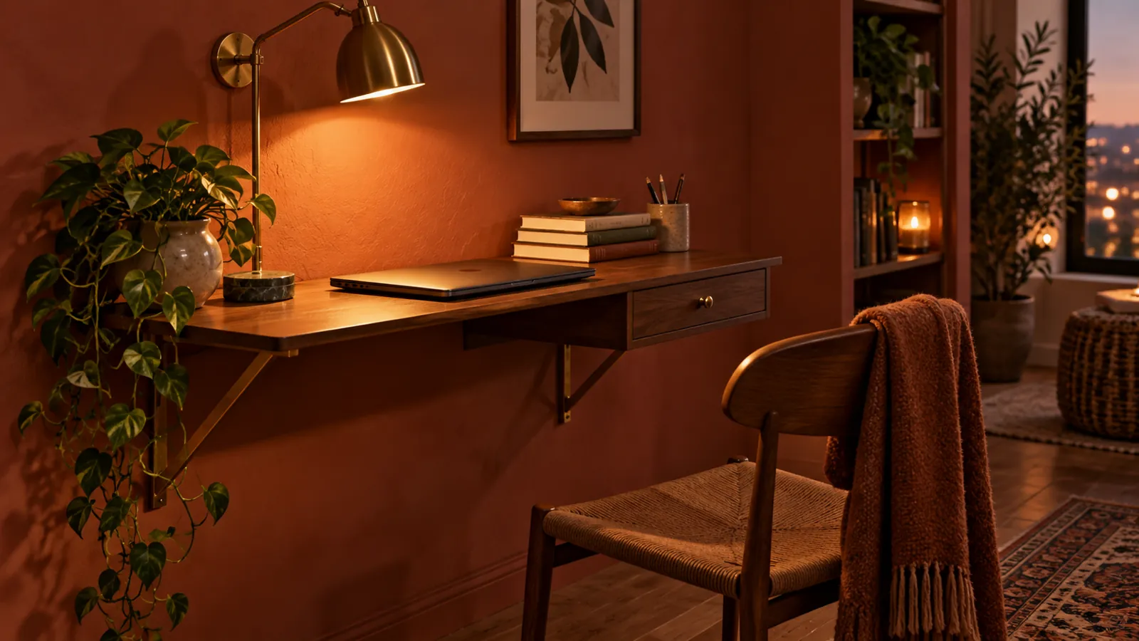 Compact wall-mounted desk in a warm evening study