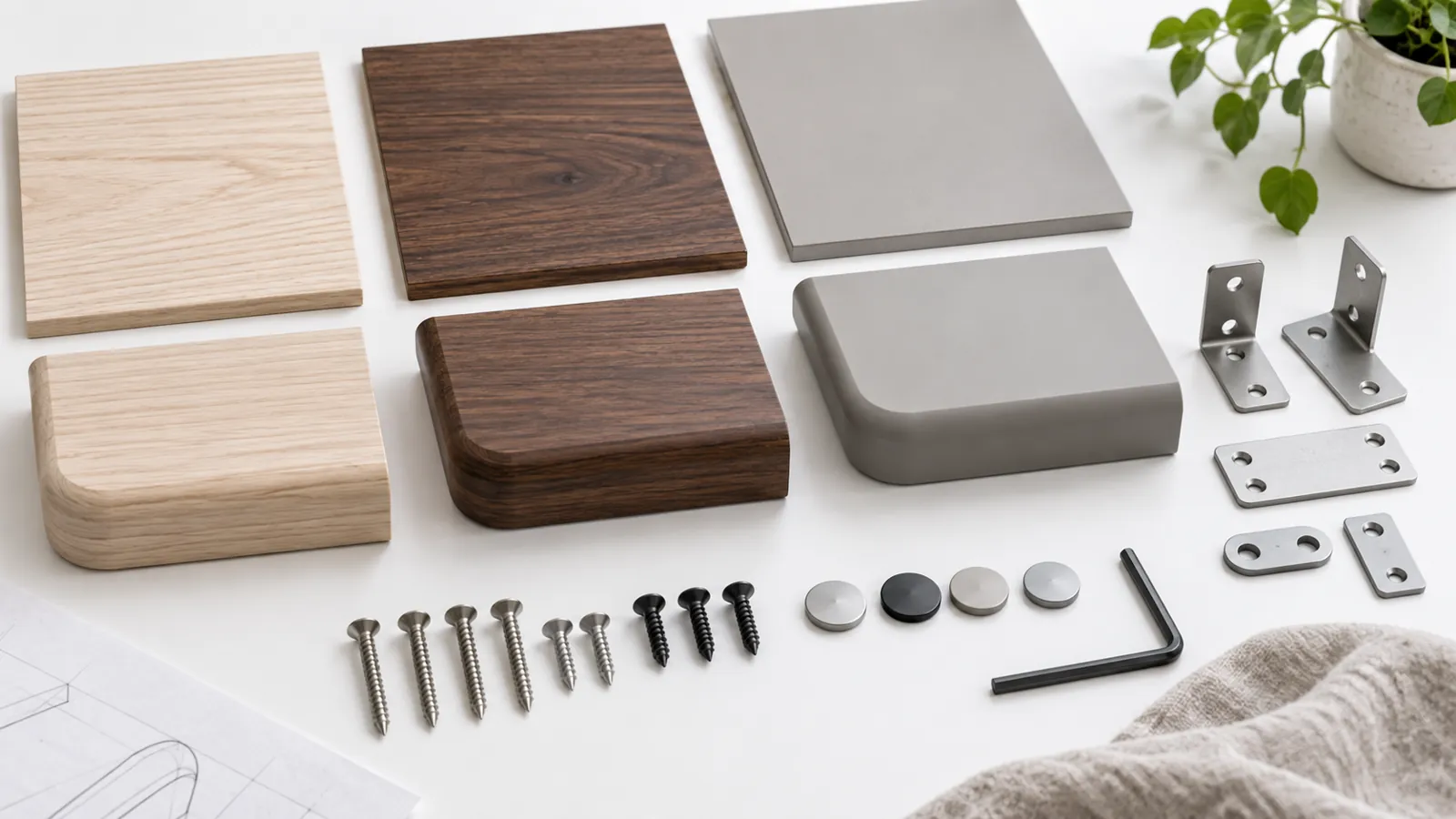 Desk material and rounded-edge samples in a bright workshop
