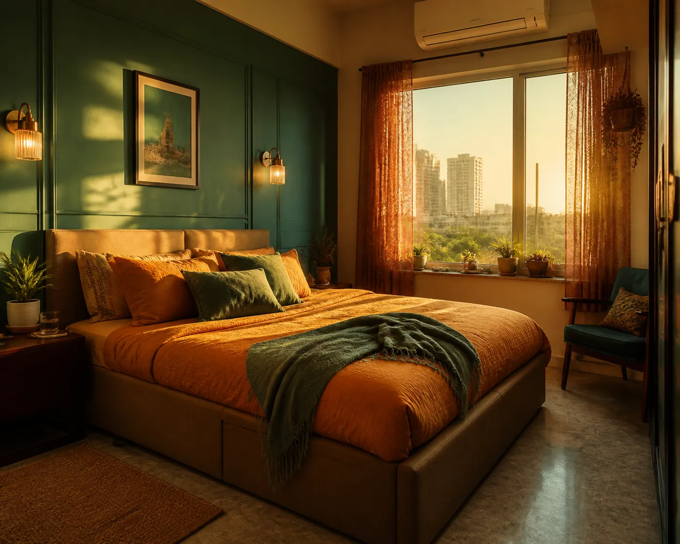 Closed upholstered storage bed in a warm Mumbai bedroom
