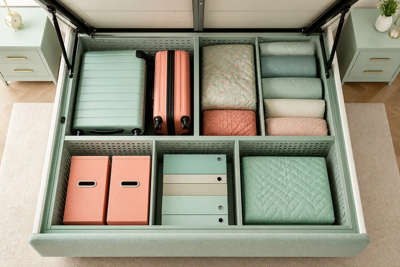 Top-down view of organised ventilated under-bed compartments