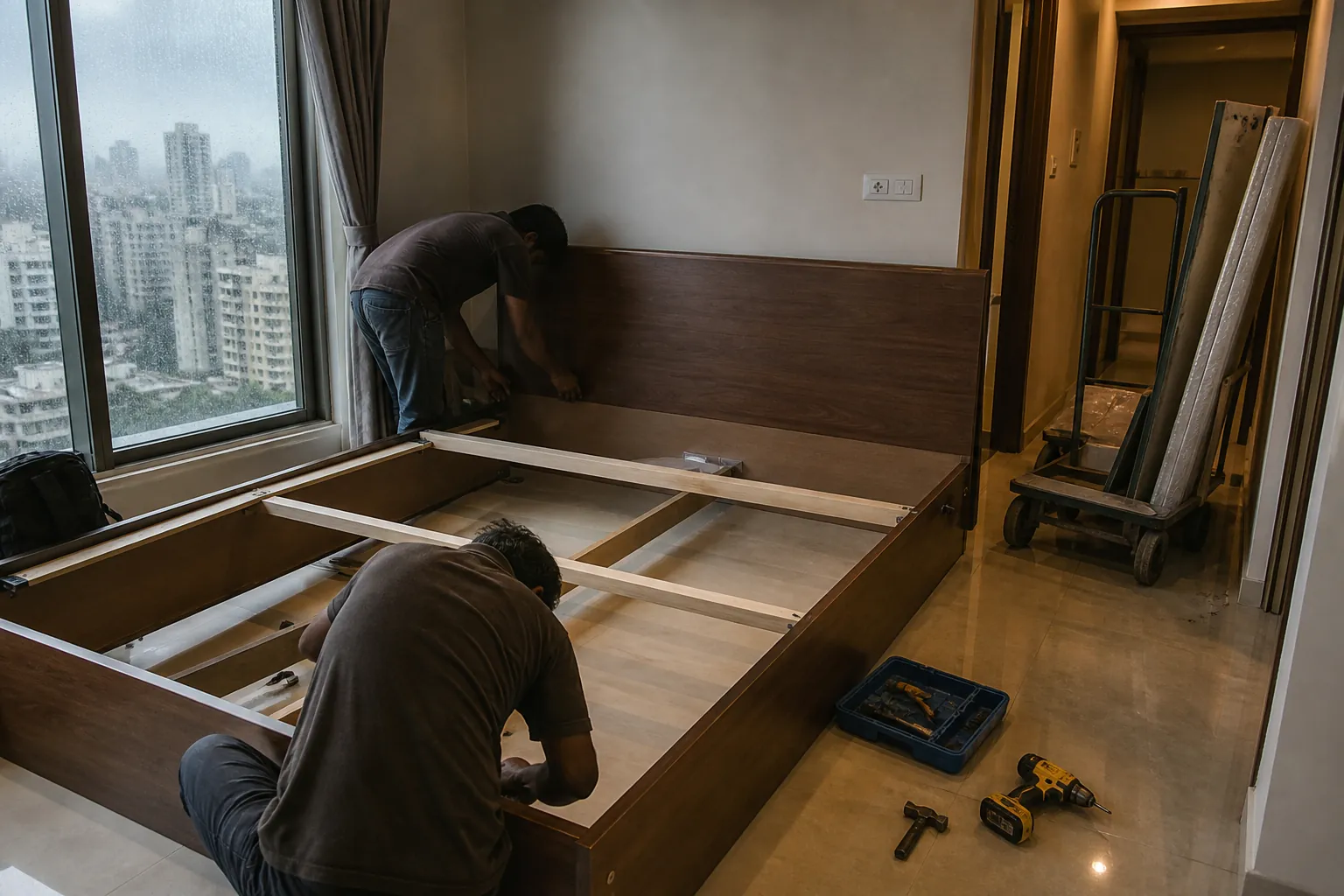 Installers assembling a storage bed in a Mumbai high-rise