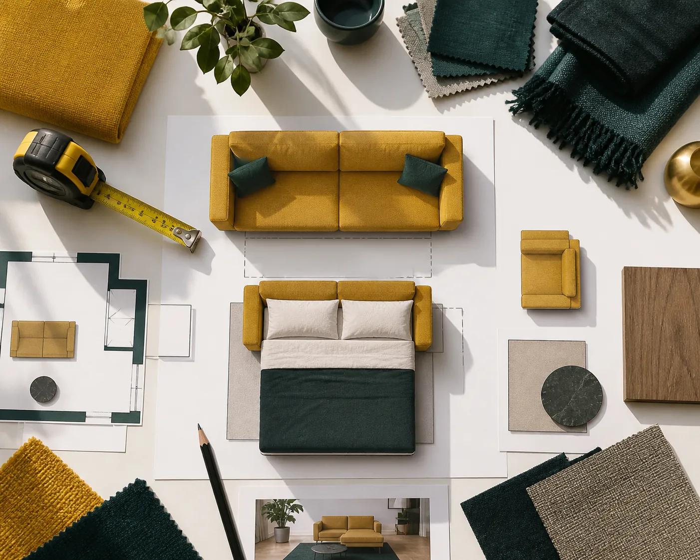 Top-down sofa bed room plan with tape and fabric samples