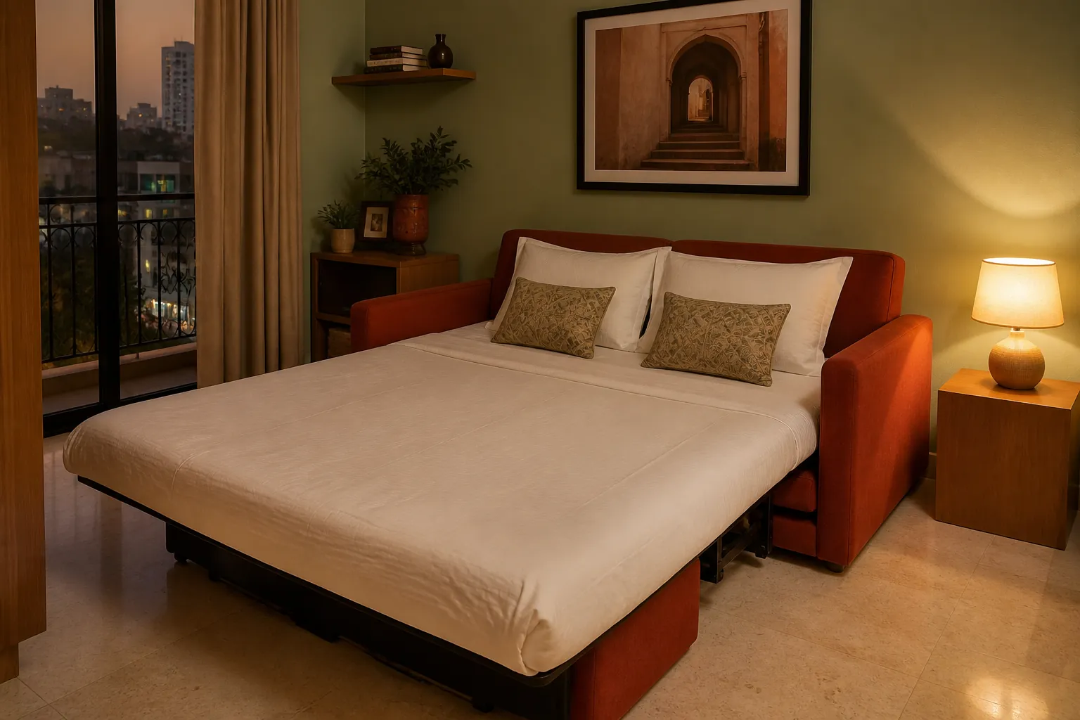 Fully opened rust sofa bed in a warm guest room