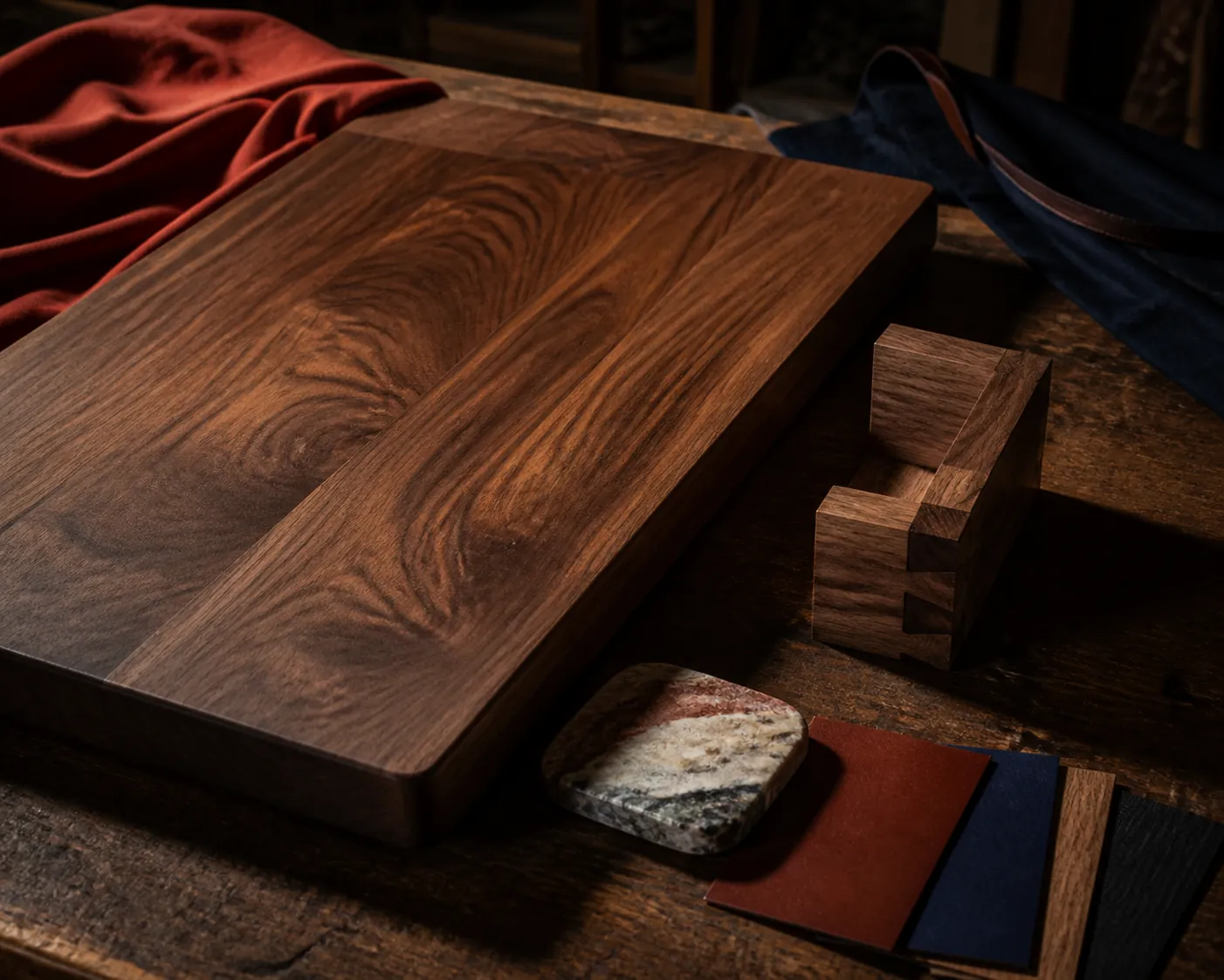 Walnut tabletop and finish samples in a craft workshop