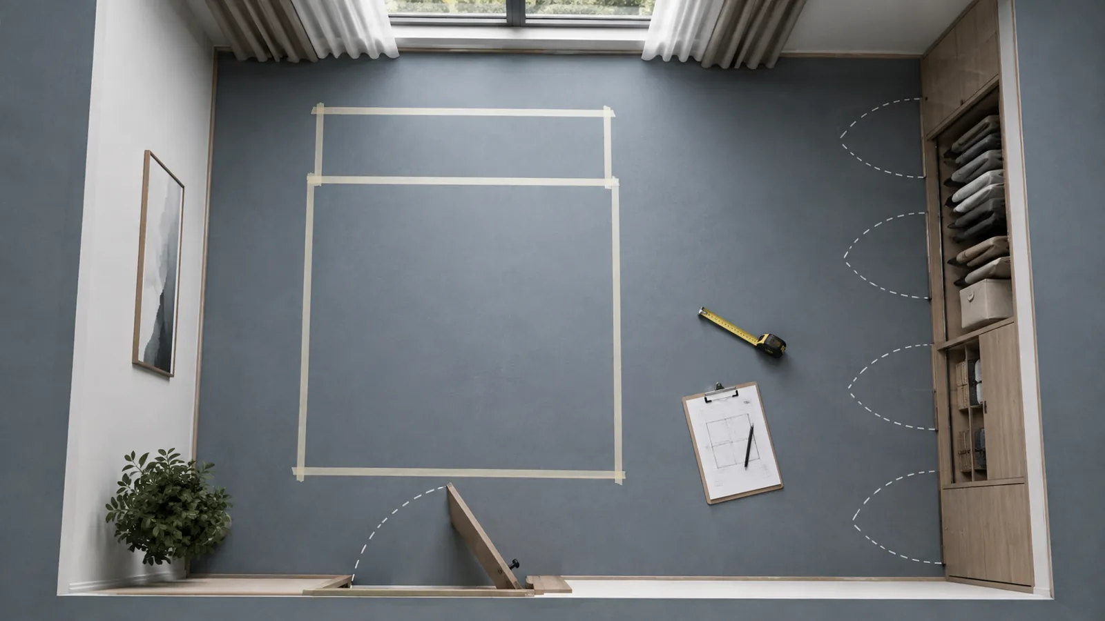 Taped bed footprint and opening arcs viewed from above