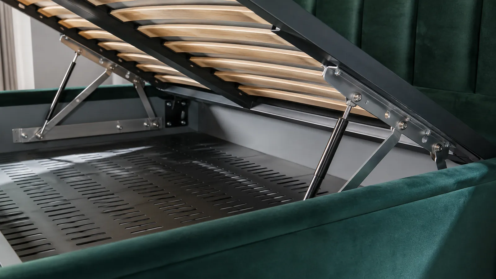 Storage bed lift mechanism and timber slats in close detail