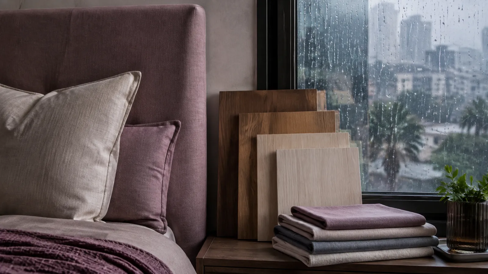 Headboard and material samples beside a rain-streaked Mumbai window