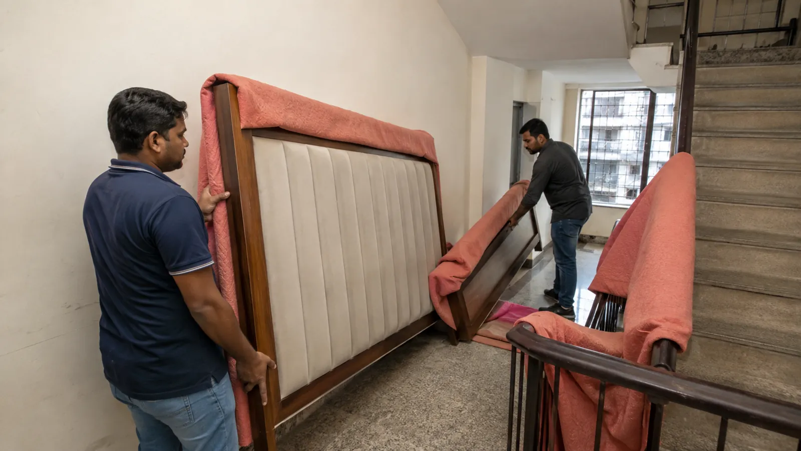 Bed components being moved around a Mumbai apartment stair landing
