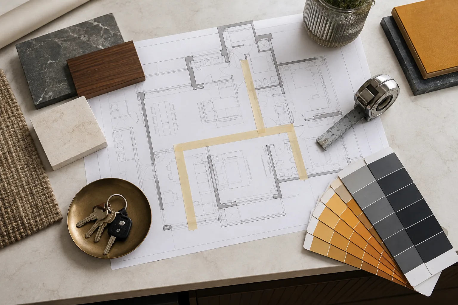 Console plan tape measure and material samples viewed from above