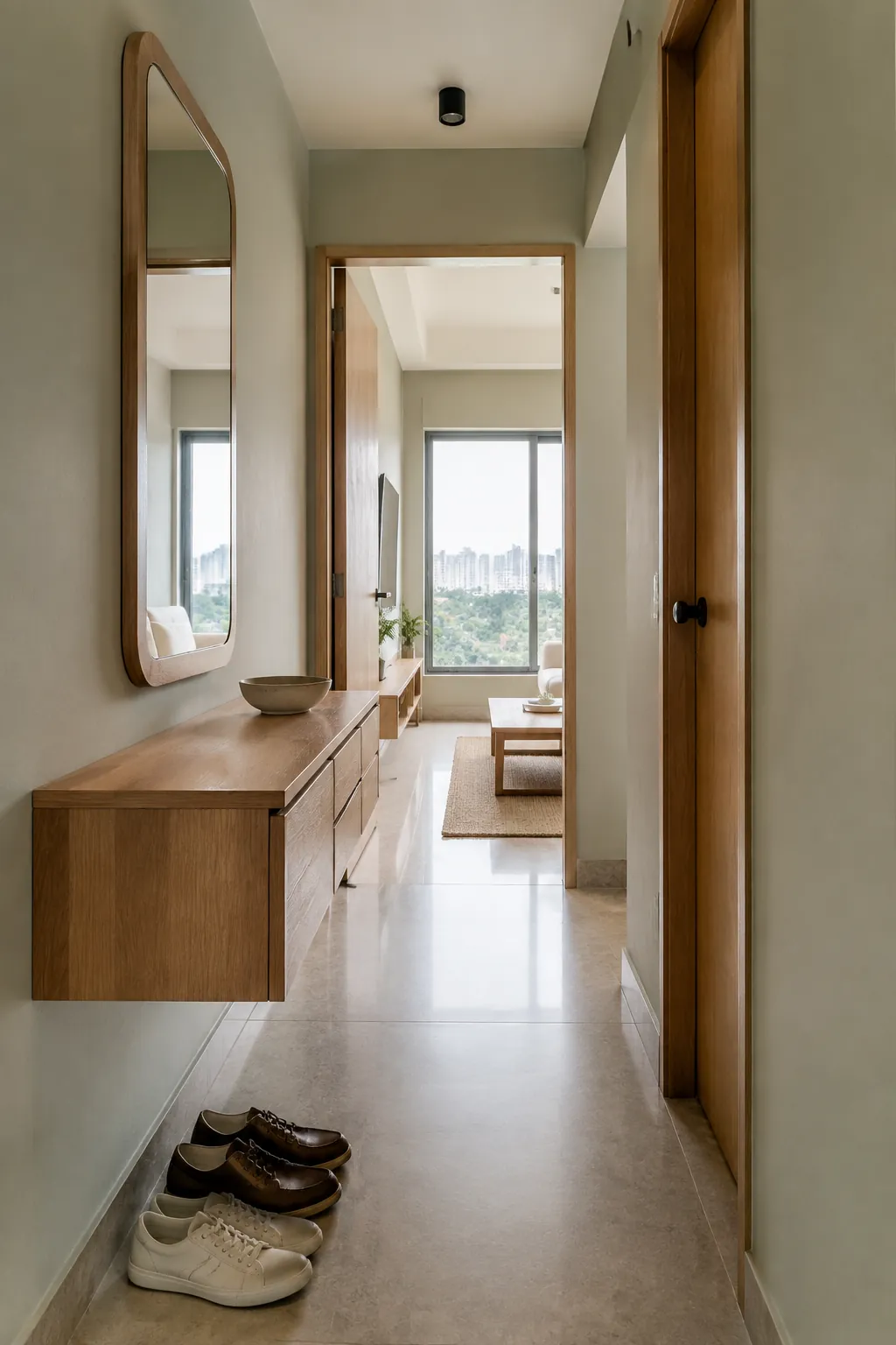 Floating oak console preserving space in a narrow Mumbai hallway