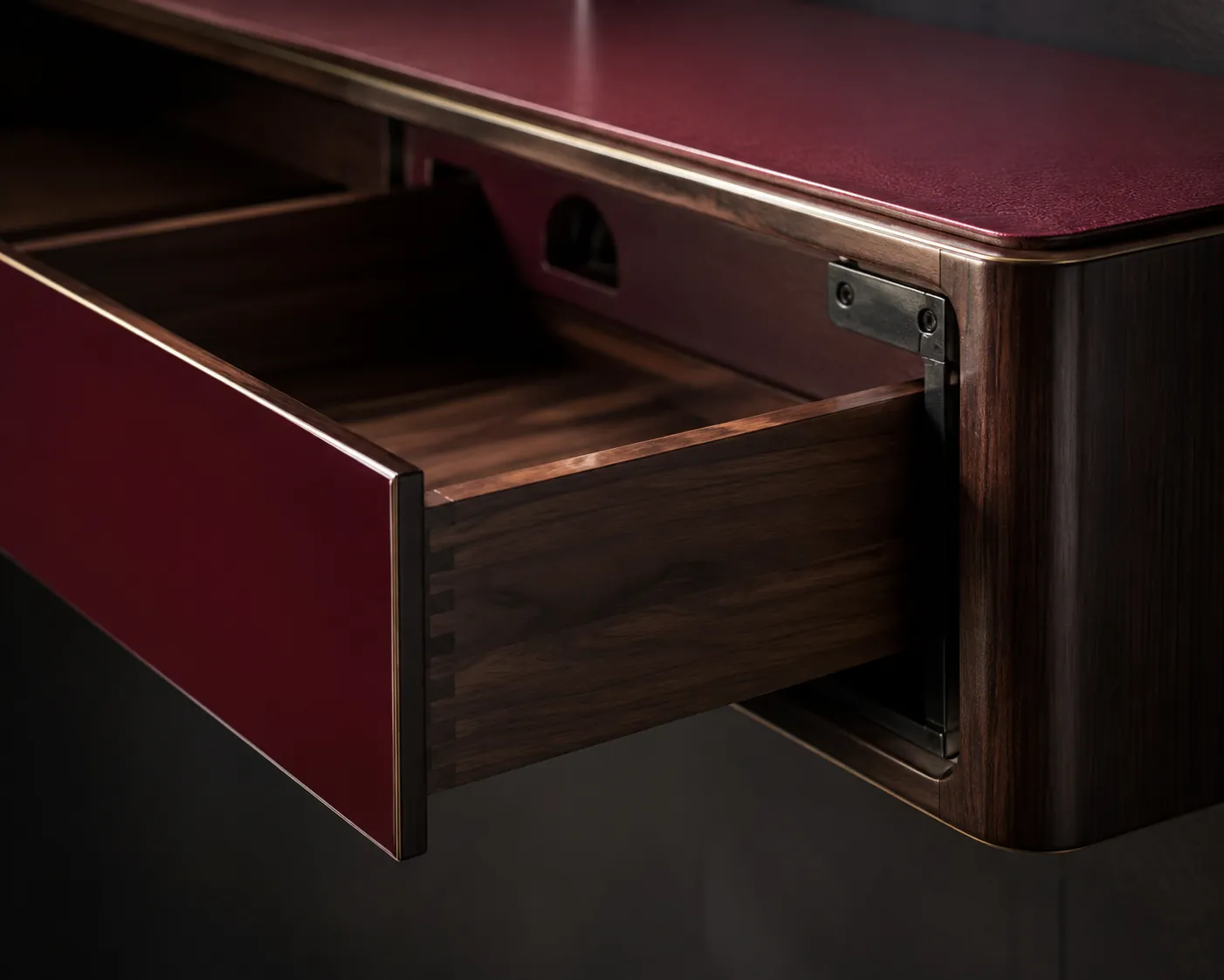 Console drawer joinery wall fixing and cable opening in close detail