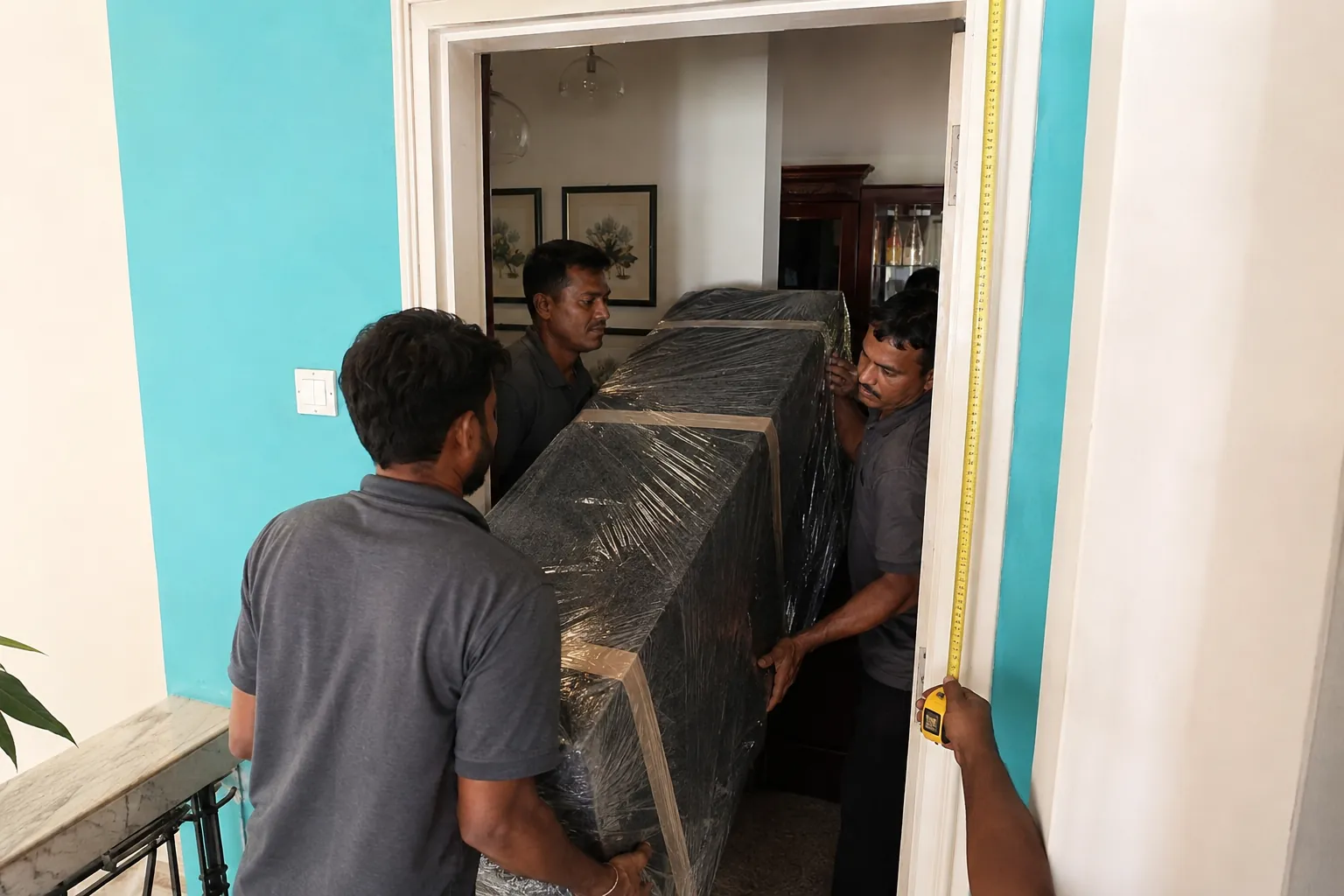 Wrapped console table being turned through a Mumbai apartment door