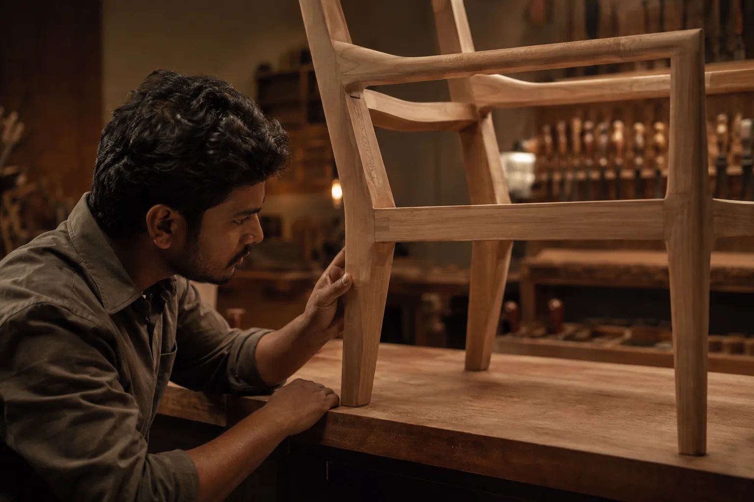 Craftsperson inspecting the joints of a dining chair frame