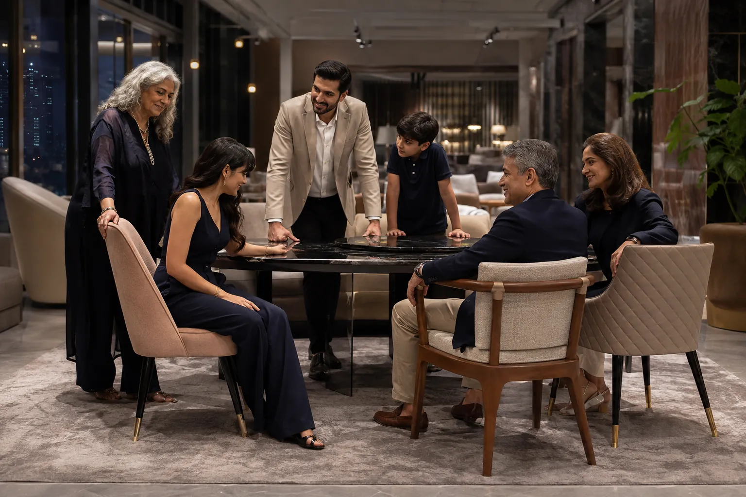Family members testing different chairs at a Mumbai showroom table