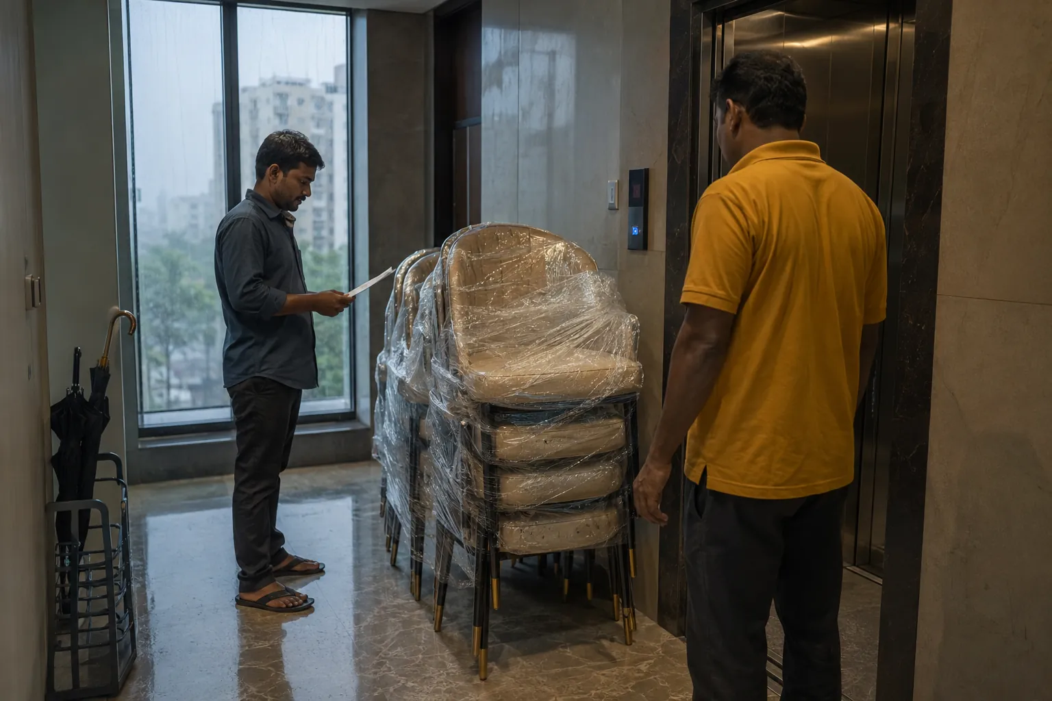 Wrapped dining chairs being checked in a Mumbai lift lobby