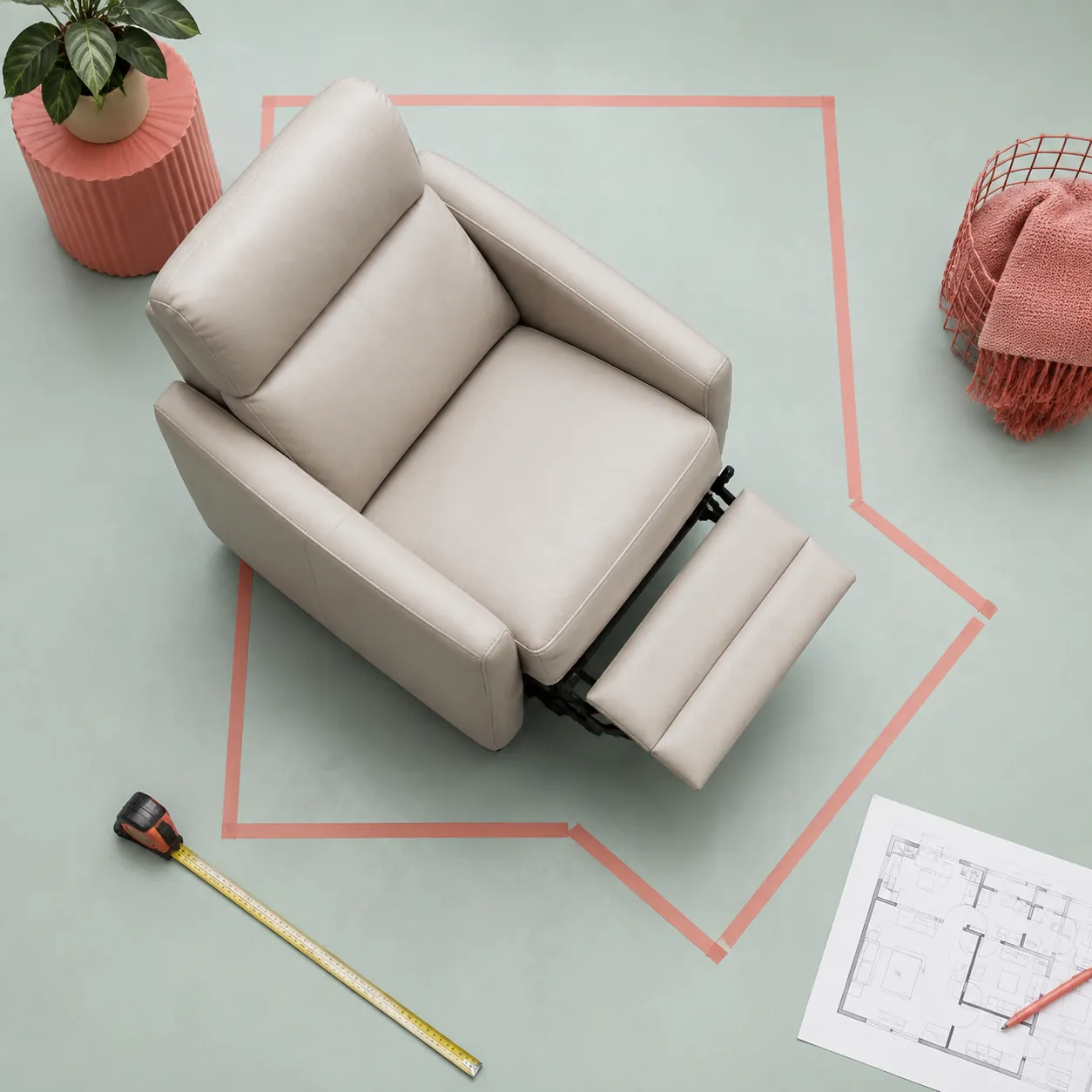 Recliner open footprint marked on a bright apartment floor