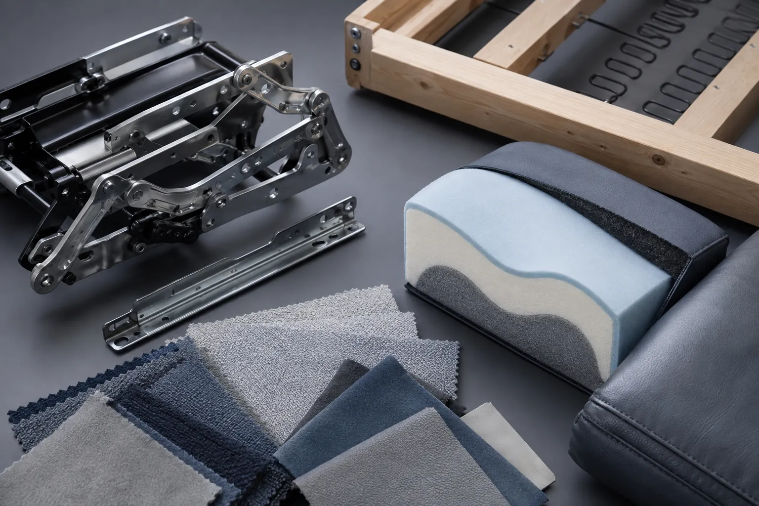 Recliner mechanism frame foam and upholstery components