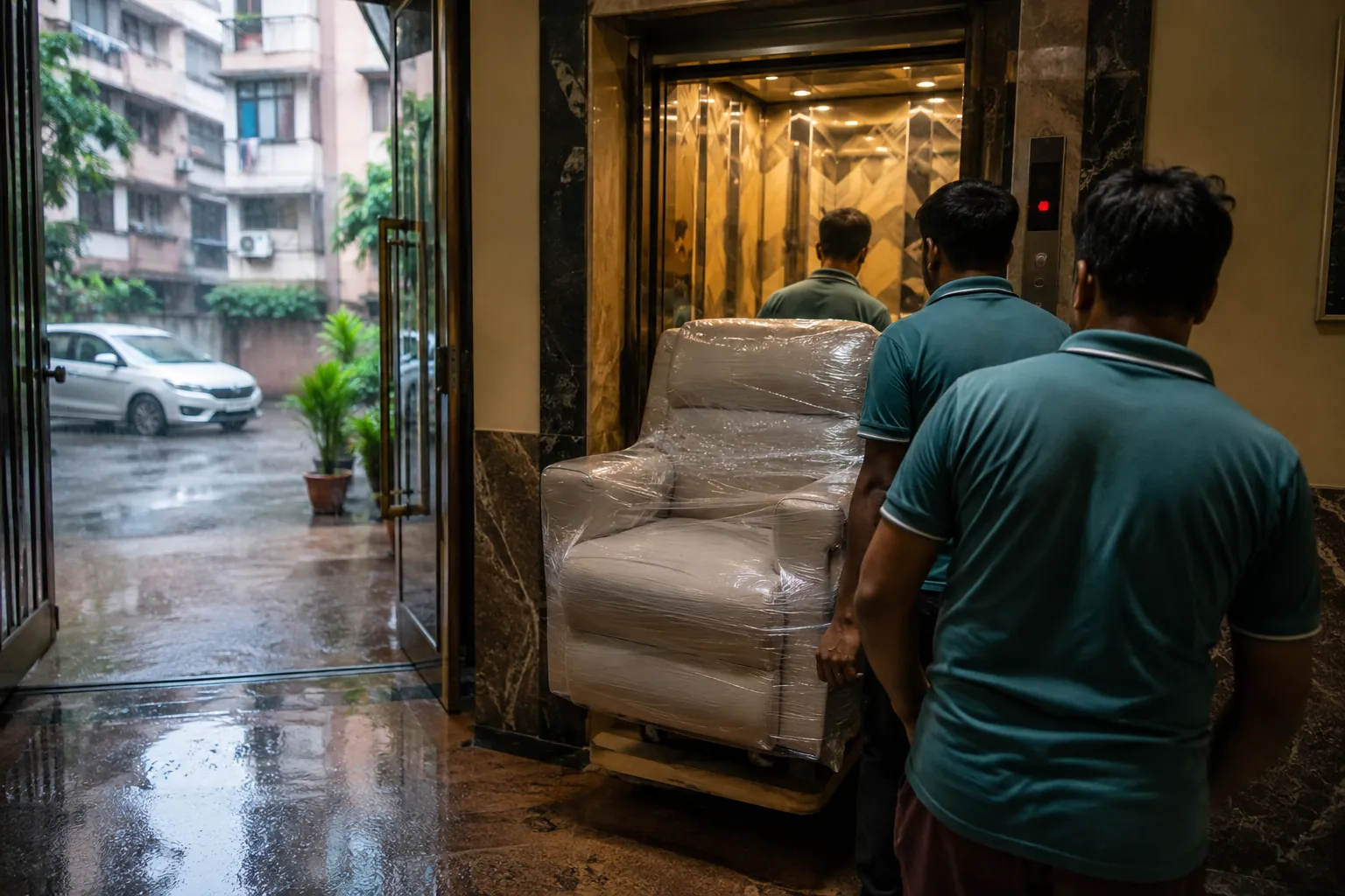 Wrapped recliner moving through a Mumbai lift on a rainy day