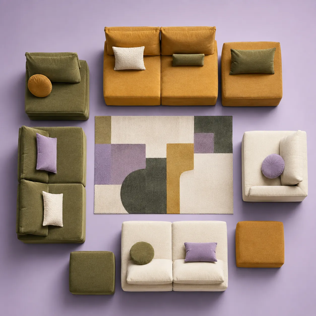 Separate modular sofa sections arranged in an overhead studio view
