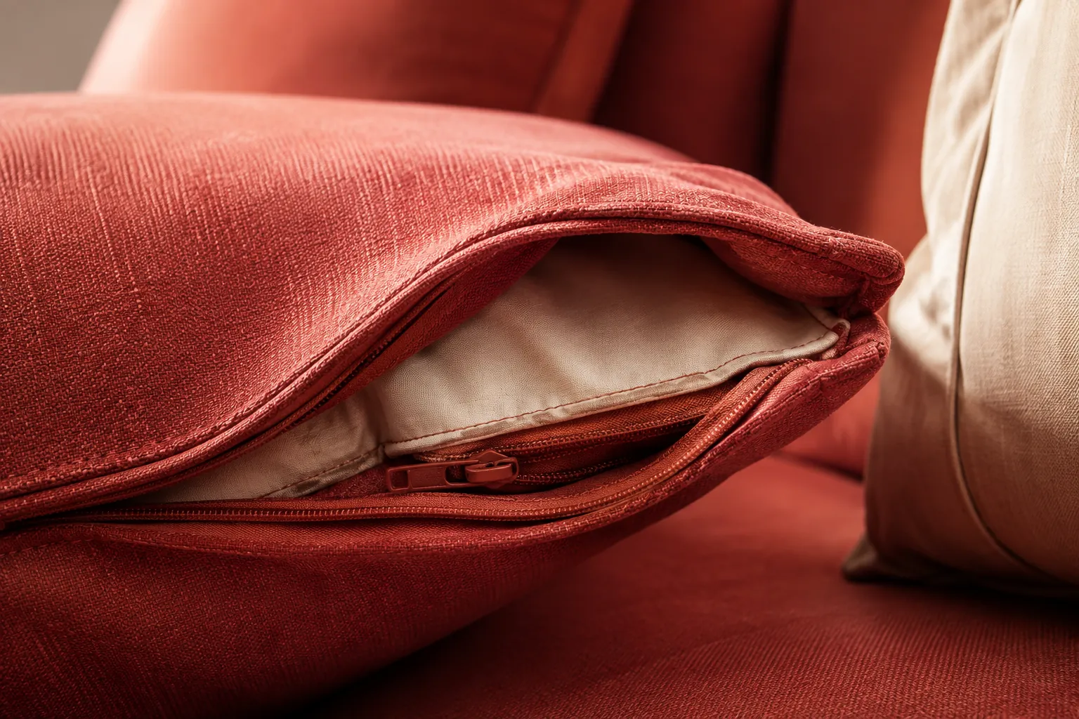 Coral modular sofa upholstery zipper and seam detail