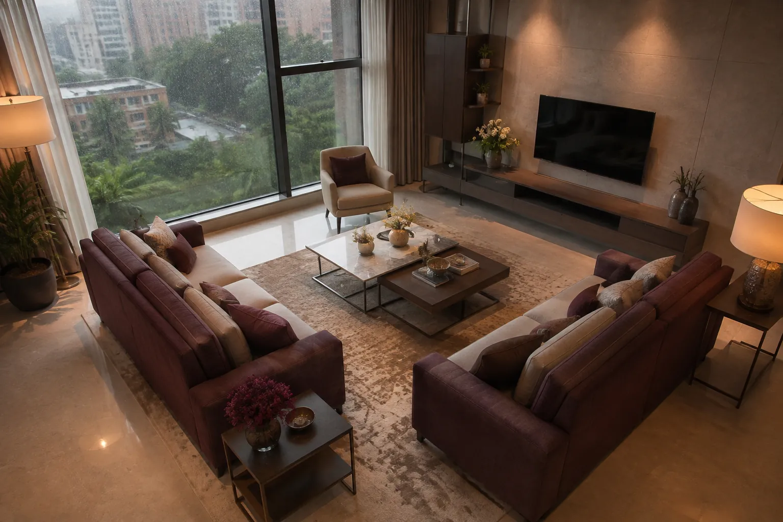 Modular sofa rearranged as facing seats in a Mumbai living room