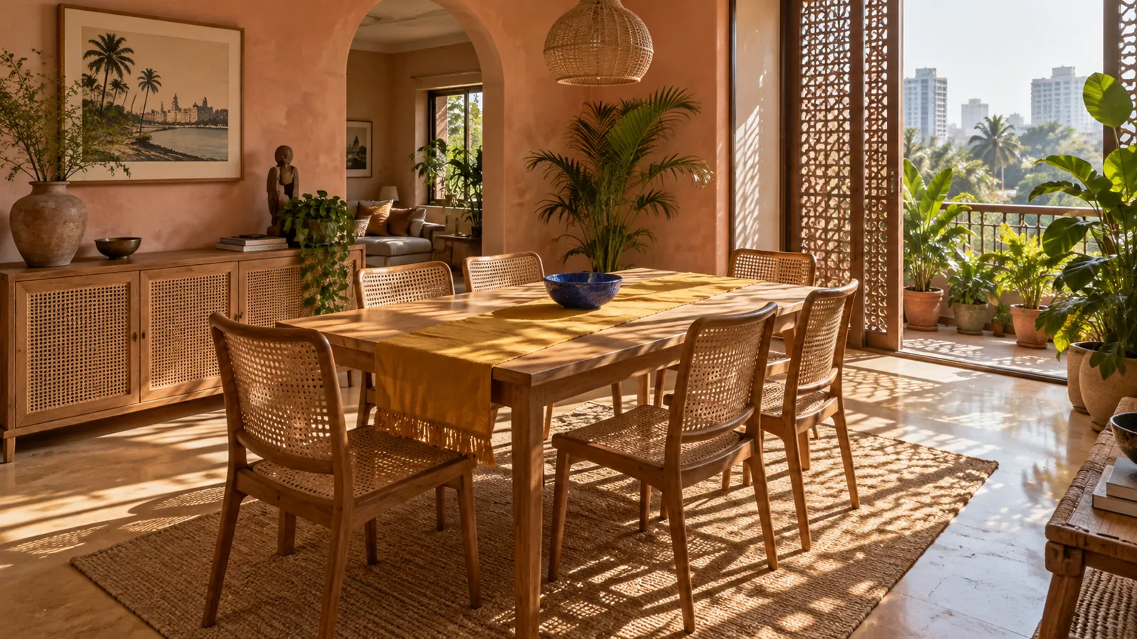 Illustrative oak dining table and cane chairs in a bright Mumbai-style breakfast room
