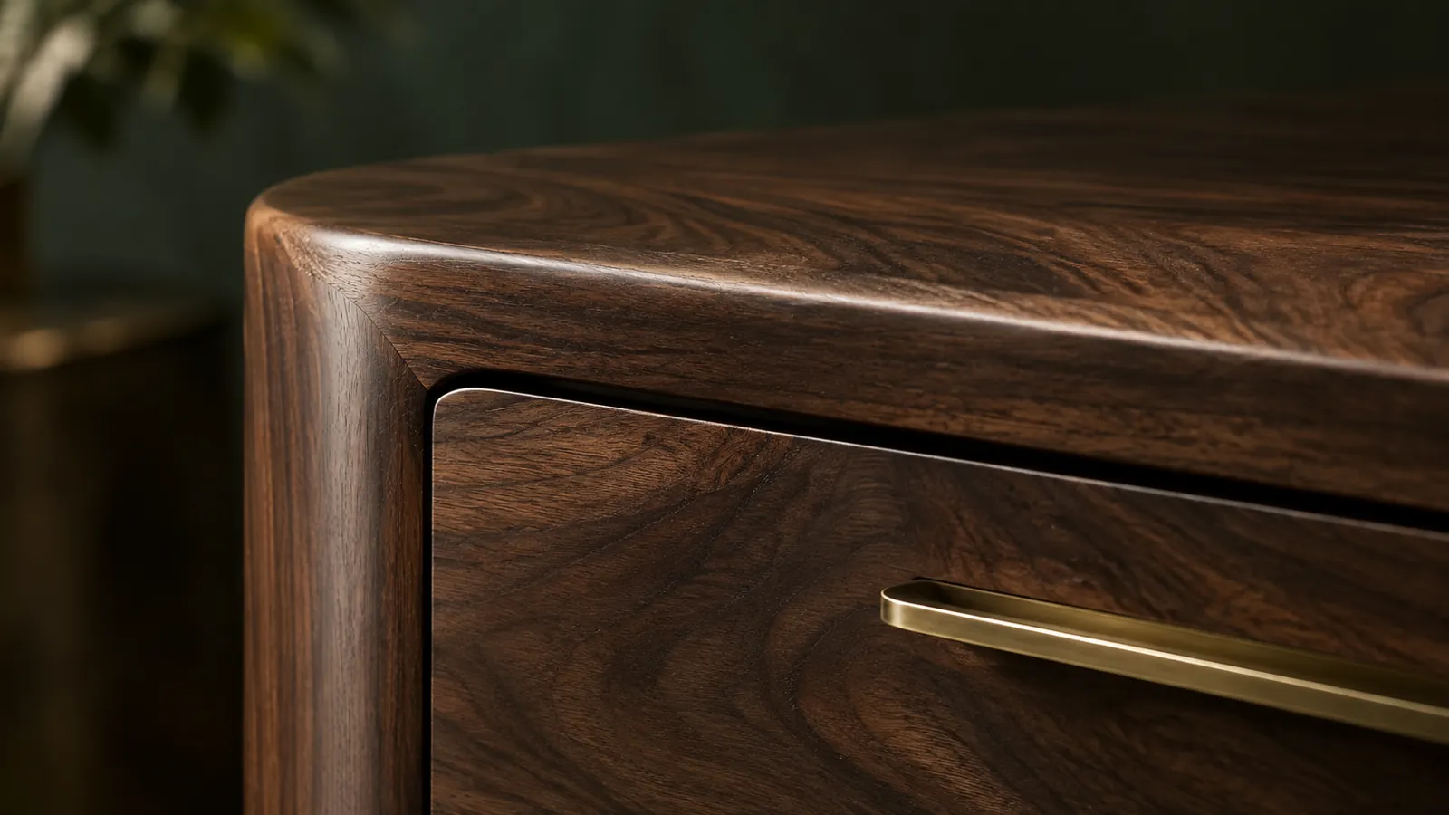 Illustrative walnut-veneered desk corner with a brass drawer pull