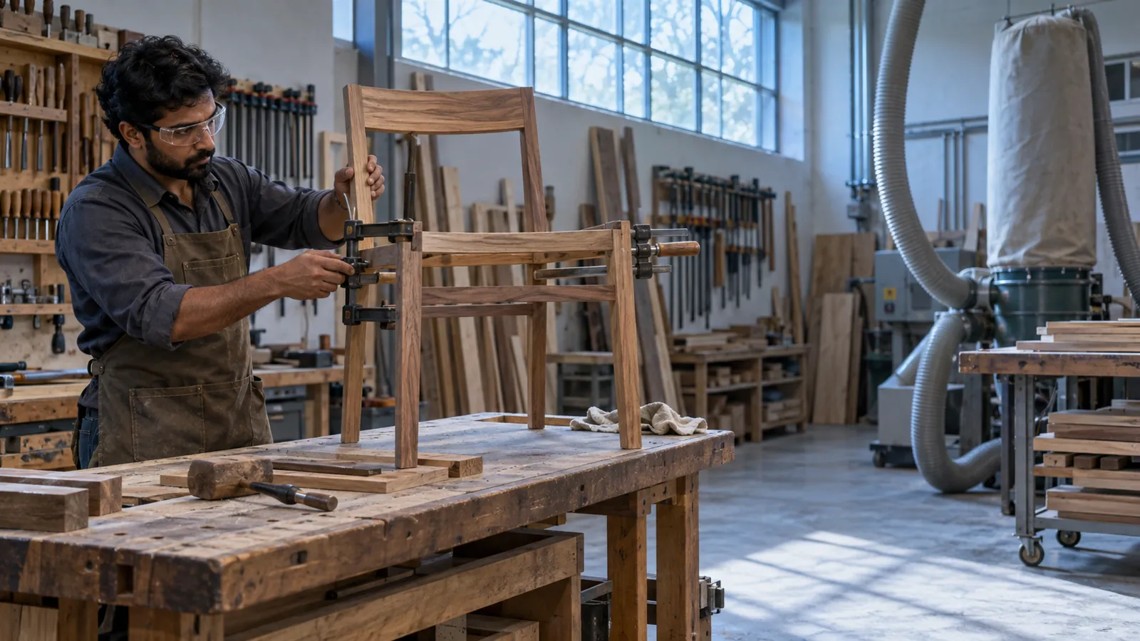 Illustrative craftsperson dry-fitting a timber chair frame in a furniture workshop