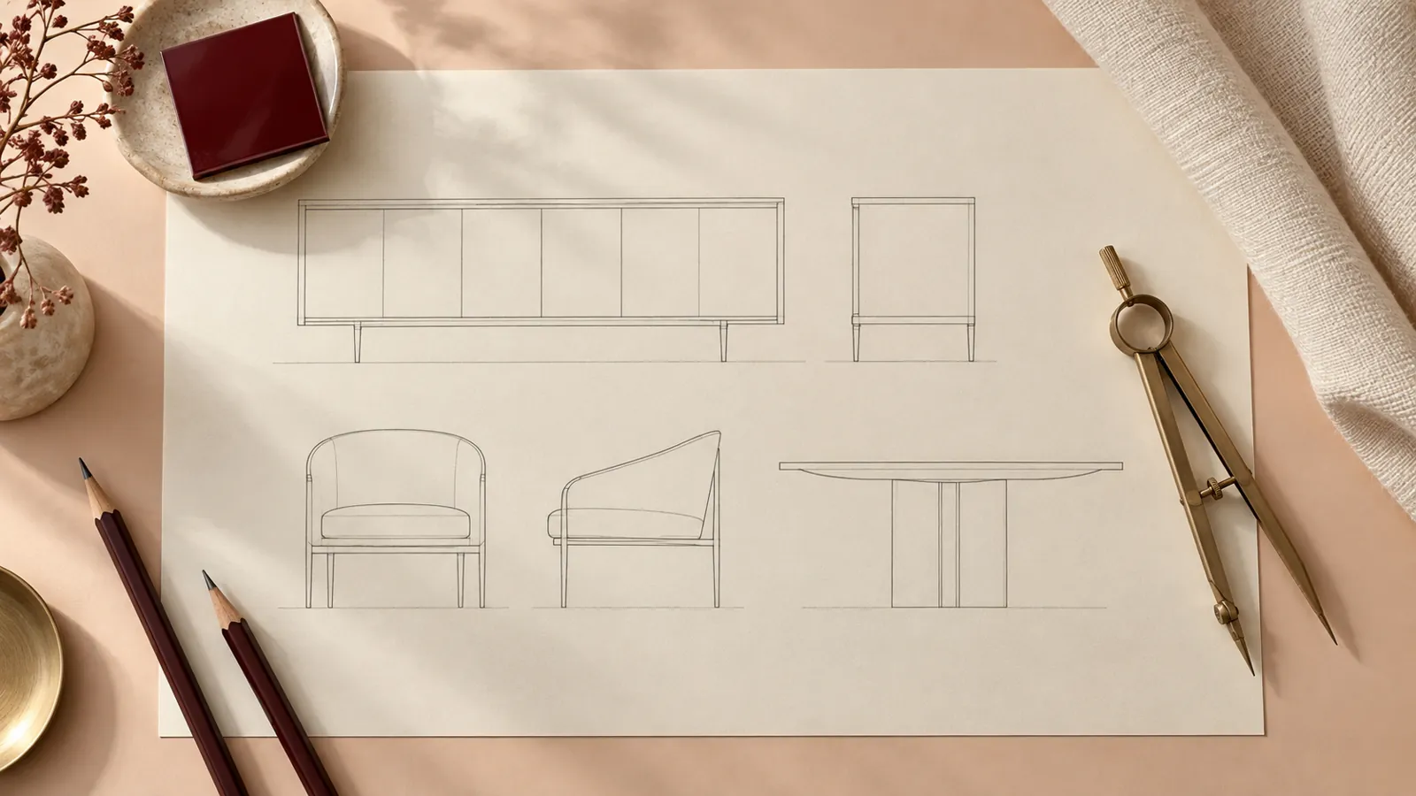 Illustrative furniture drawing, dividers and finish samples on an apricot desk