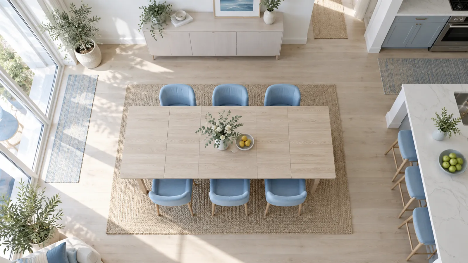 Illustrative overhead view of an extended ash dining table in a bright apartment